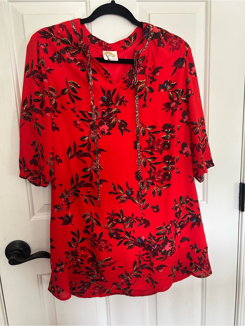 fig and flower Red Floral Tie-Neck Mini Dress